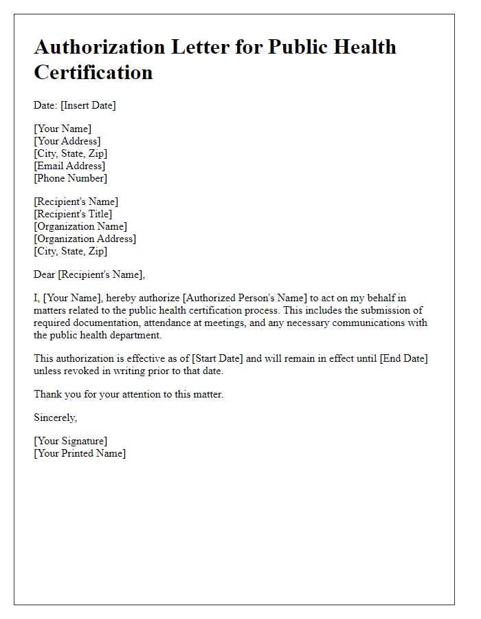 Letter template of authorization for public health certification.