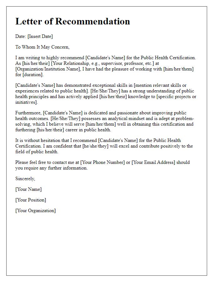 Letter template of recommendation for public health certification.