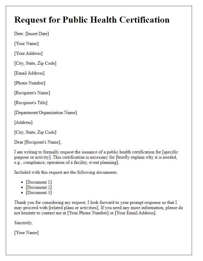 Letter template of request for public health certification.