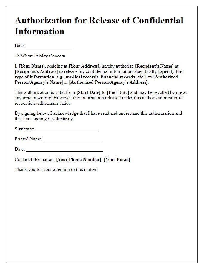 Letter template of Authorization for Release of Confidential Information