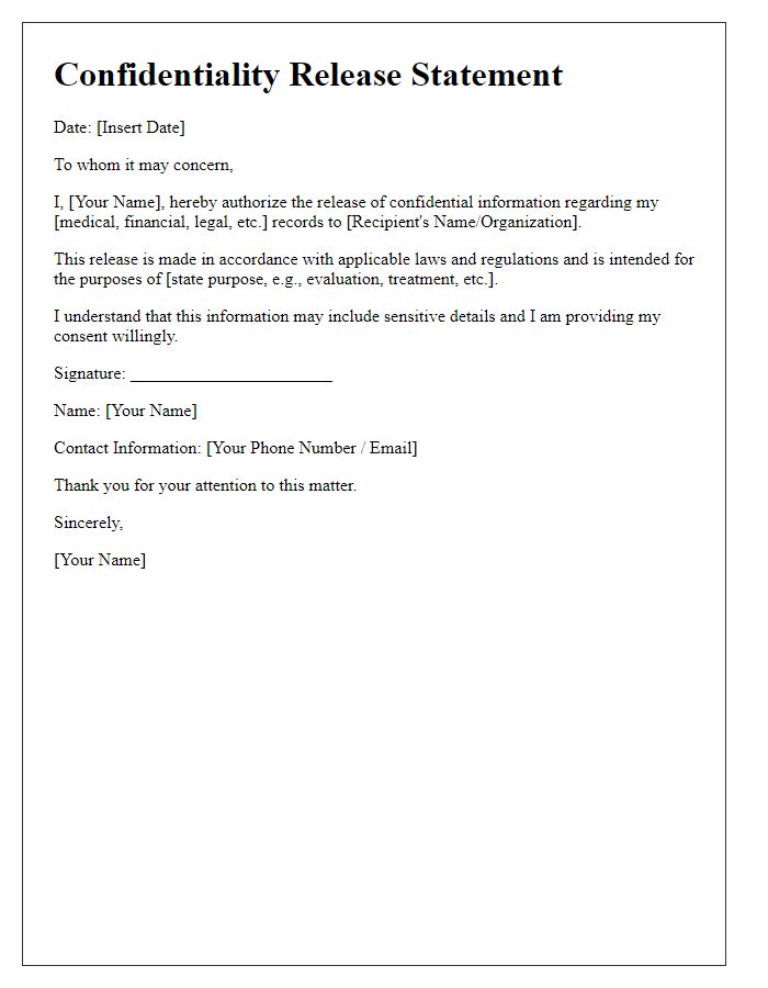 Letter template of Confidentiality Release Statement