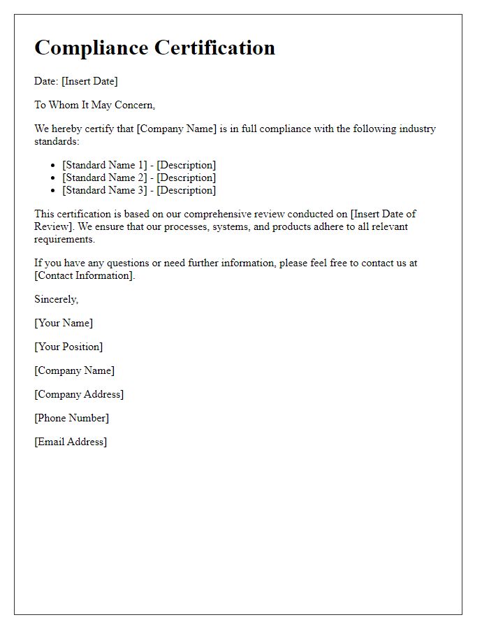 Letter template of compliance certification for industry standards