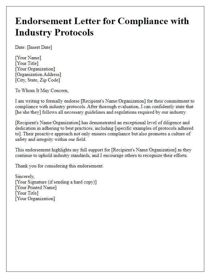 Letter template of endorsement for compliance with industry protocols