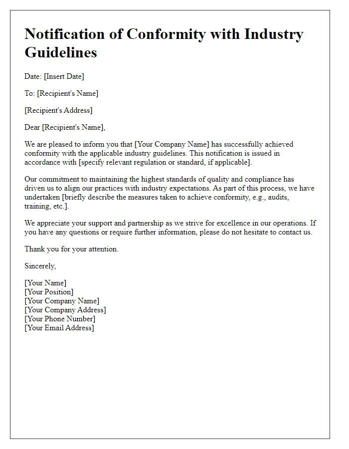 Letter template of notification for conformity with industry guidelines