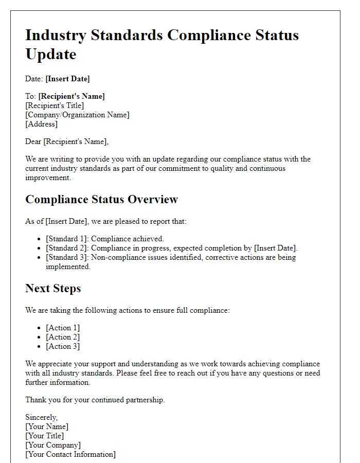 Letter template of update on industry standards compliance status