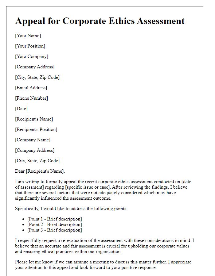 Letter template of corporate ethics assessment appeal