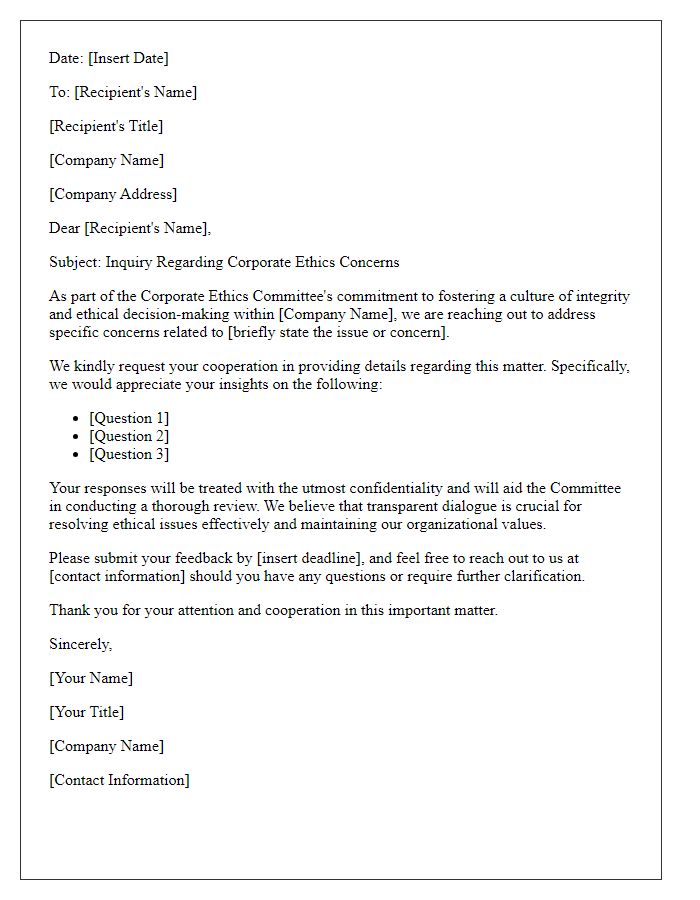 Letter template of corporate ethics committee inquiry