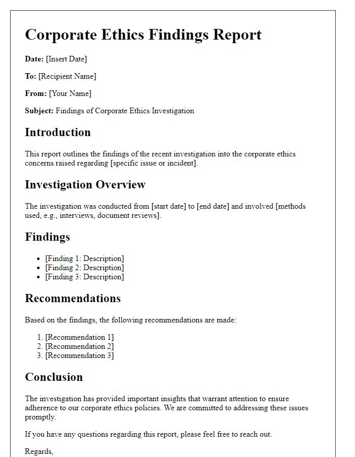 Letter template of corporate ethics findings report