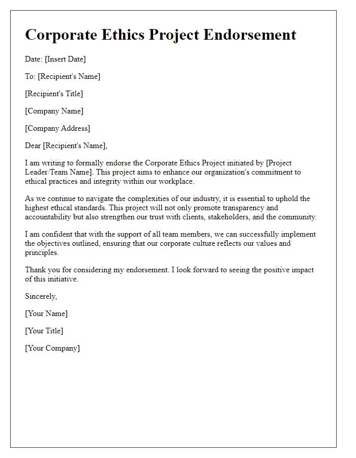 Letter template of corporate ethics project endorsement