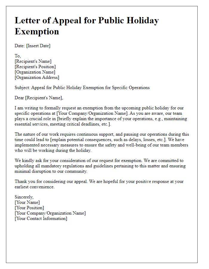 Letter template of appeal for public holiday exemption for specific operations