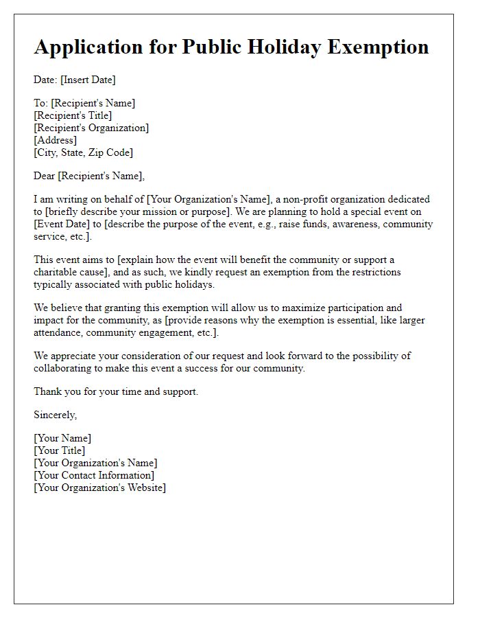 Letter template of application for public holiday exemption for non-profit events