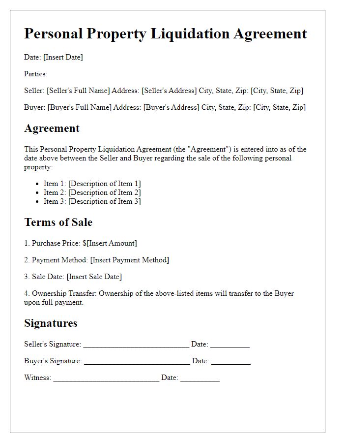 Letter template of personal property liquidation agreement