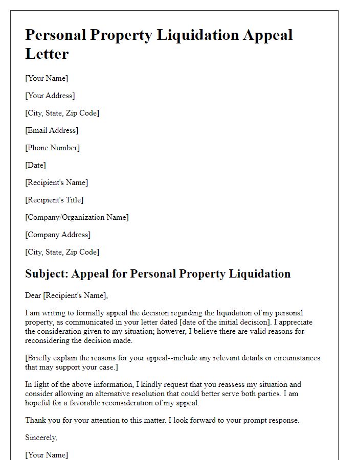 Letter template of personal property liquidation appeal