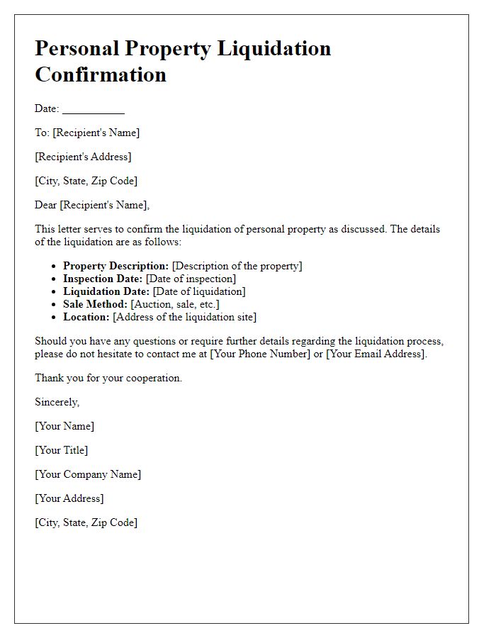 Letter template of personal property liquidation confirmation