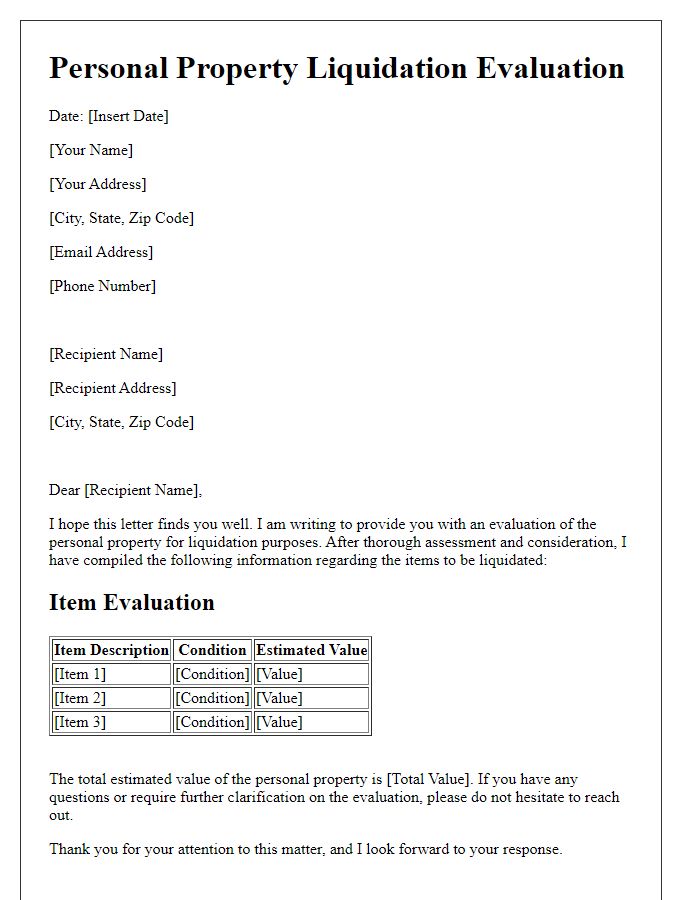 Letter template of personal property liquidation evaluation