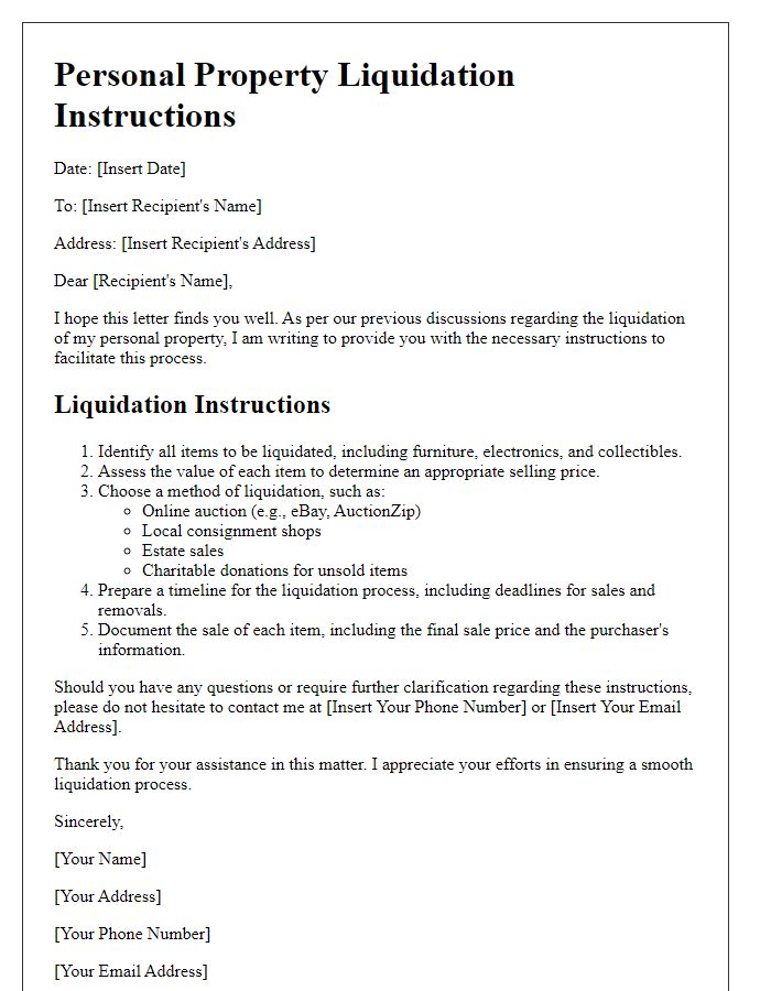 Letter template of personal property liquidation instructions