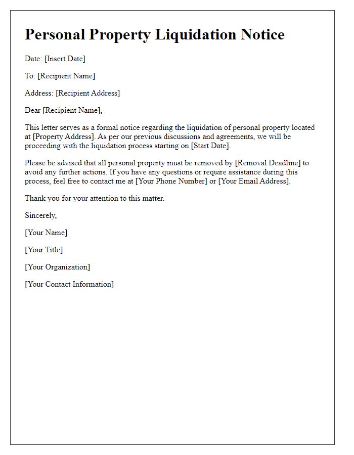 Letter template of personal property liquidation notice