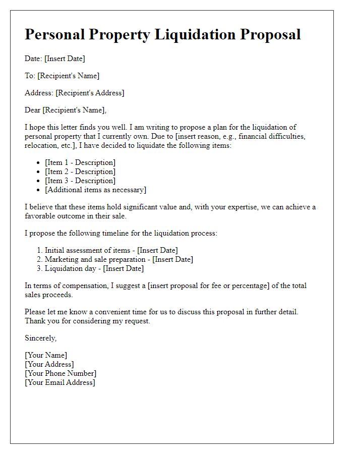 Letter template of personal property liquidation proposal