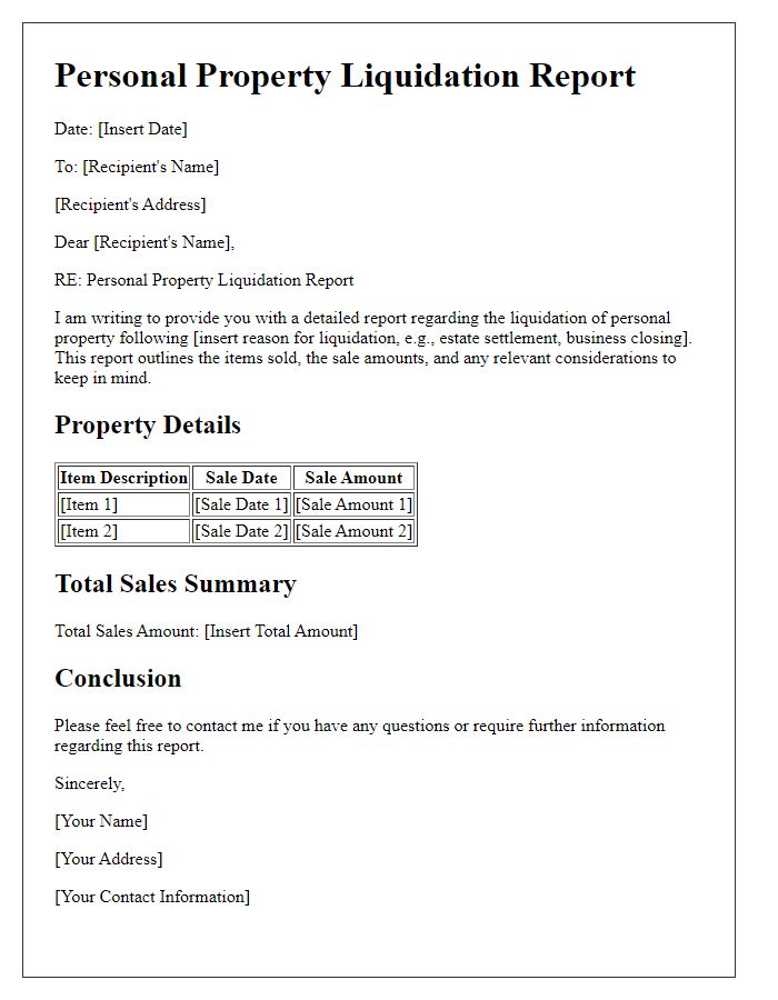 Letter template of personal property liquidation report