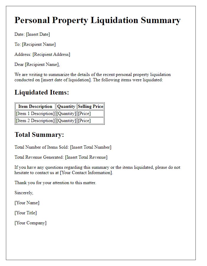 Letter template of personal property liquidation summary