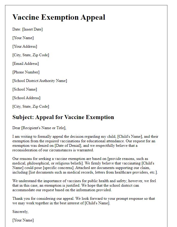 Letter template of educational vaccine exemption appeal