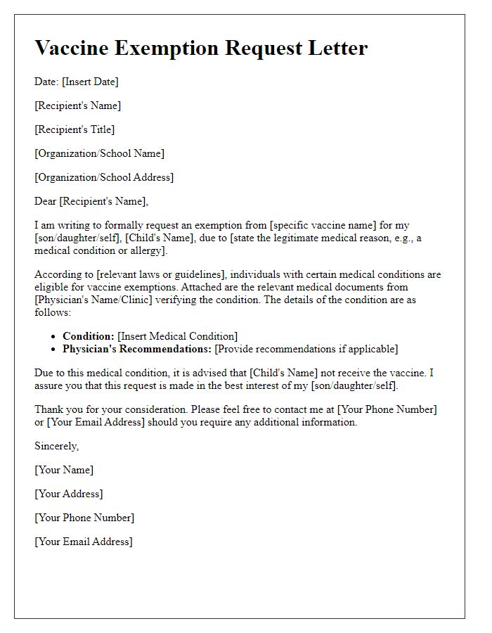 Letter template of medical vaccine exemption request