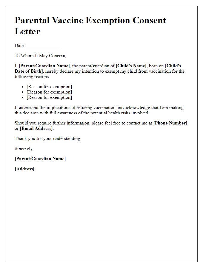 Letter template of parental vaccine exemption consent