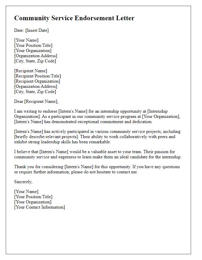 Letter template of community service endorsement for internship opportunities