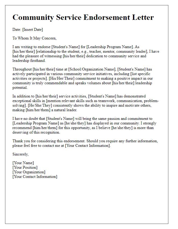 Letter template of community service endorsement for leadership programs