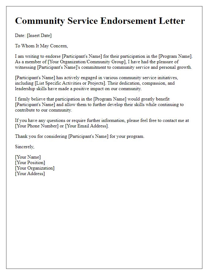 Letter template of community service endorsement for program participation