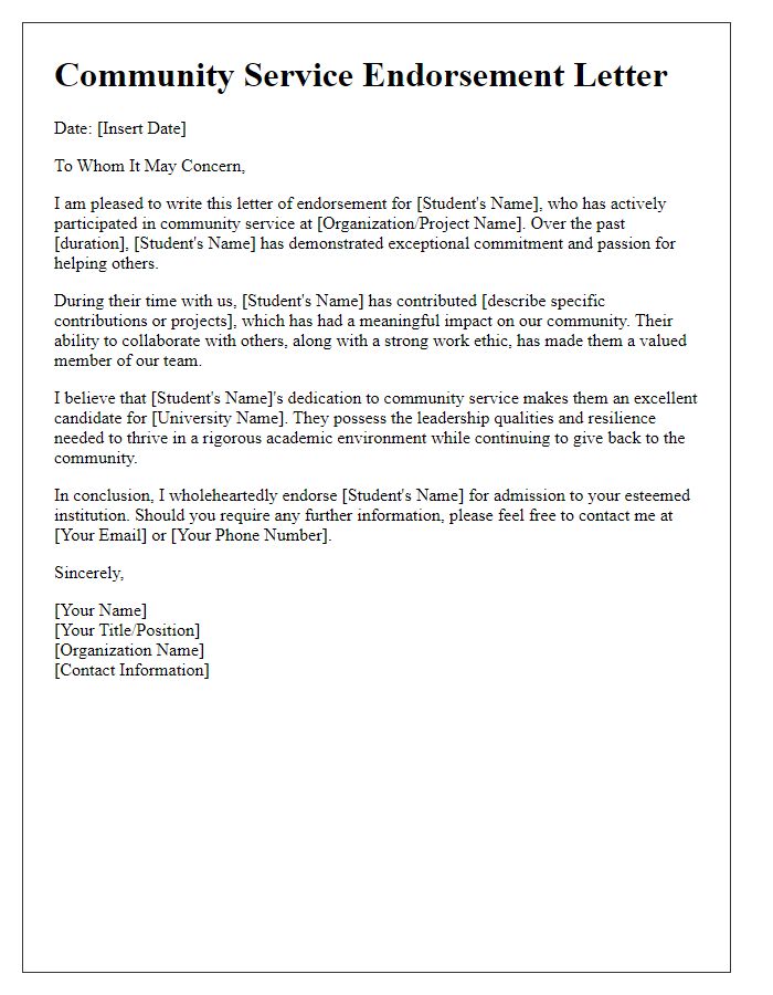 Letter template of community service endorsement for university admissions