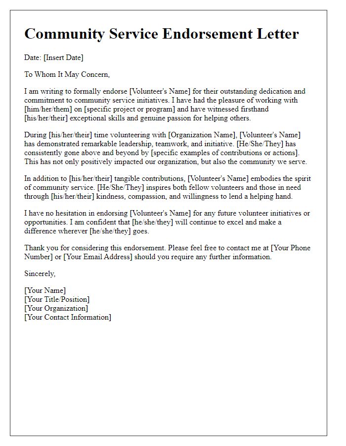 Letter template of community service endorsement for volunteer initiatives