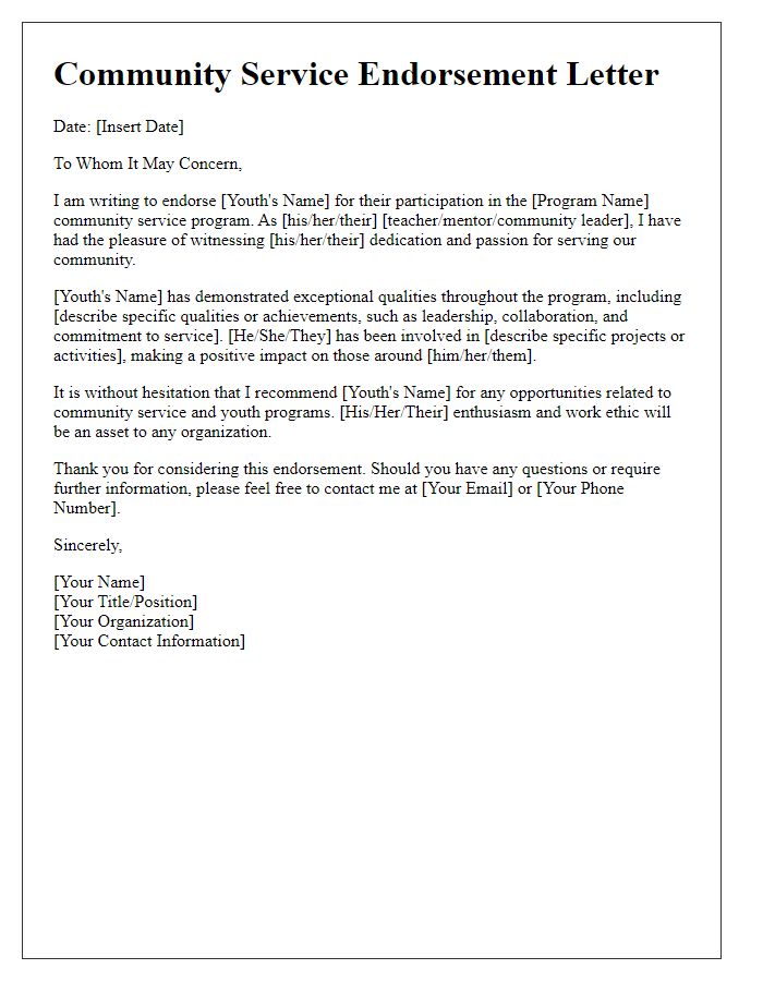 Letter template of community service endorsement for youth programs