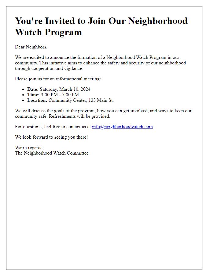 Letter template of neighborhood watch program invitation