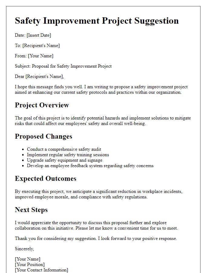 Letter template of safety improvement project suggestion