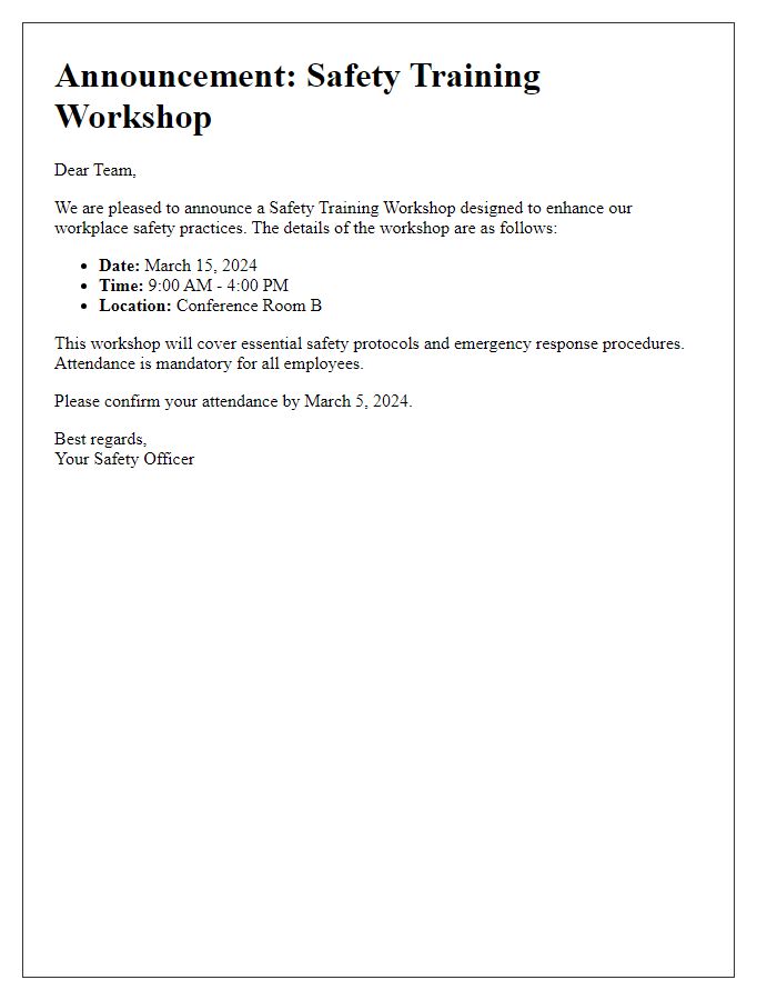 Letter template of safety training workshop announcement