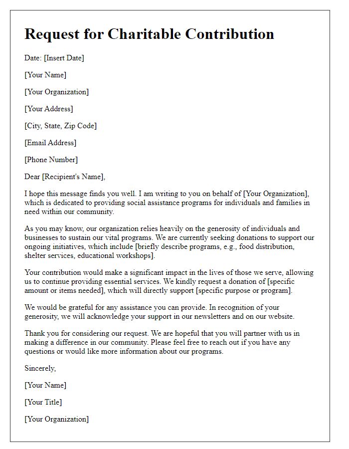 Letter template of charitable contribution request for social assistance programs.