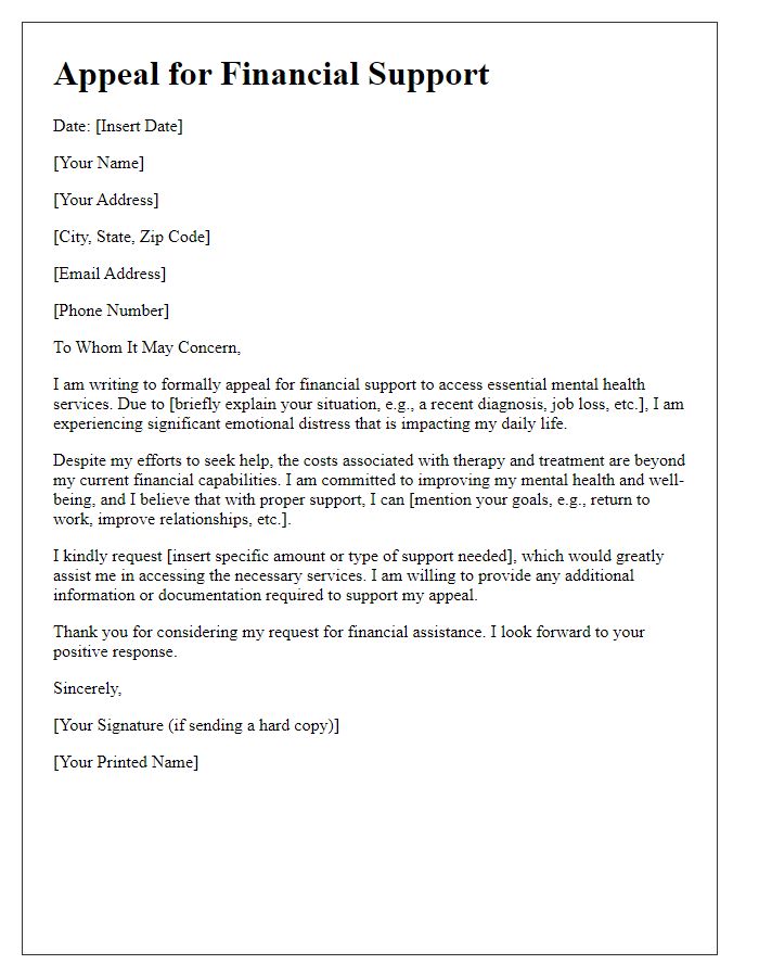 Letter template of financial support appeal for mental health services.