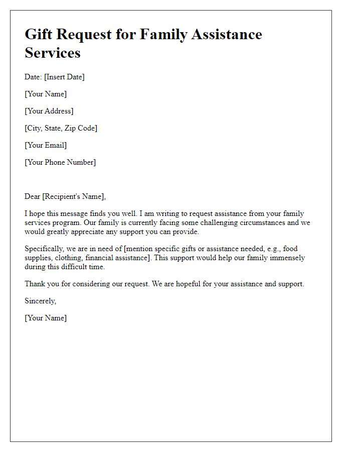 Letter template of gift request for family assistance services.