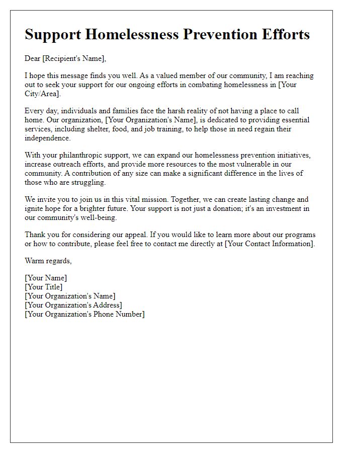 Letter template of philanthropic support appeal for homelessness prevention efforts.