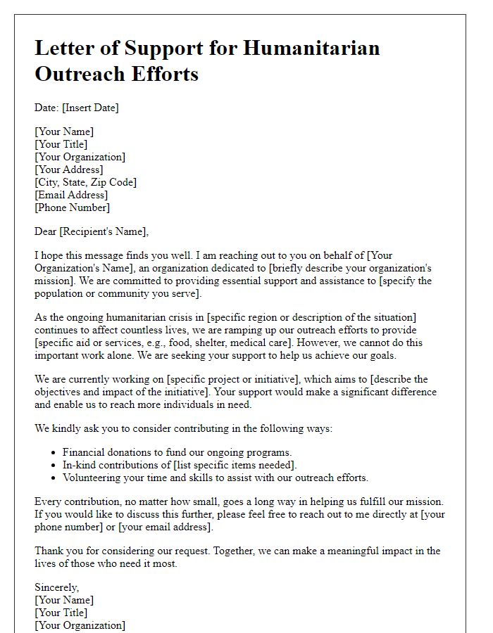 Letter template of support solicitation for humanitarian outreach efforts.