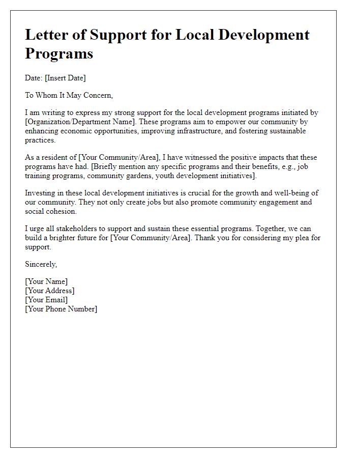 Letter template of support plea for local development programs