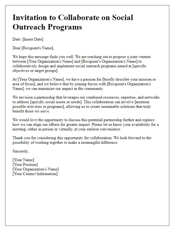 Letter template of joint venture invitation for social outreach programs.