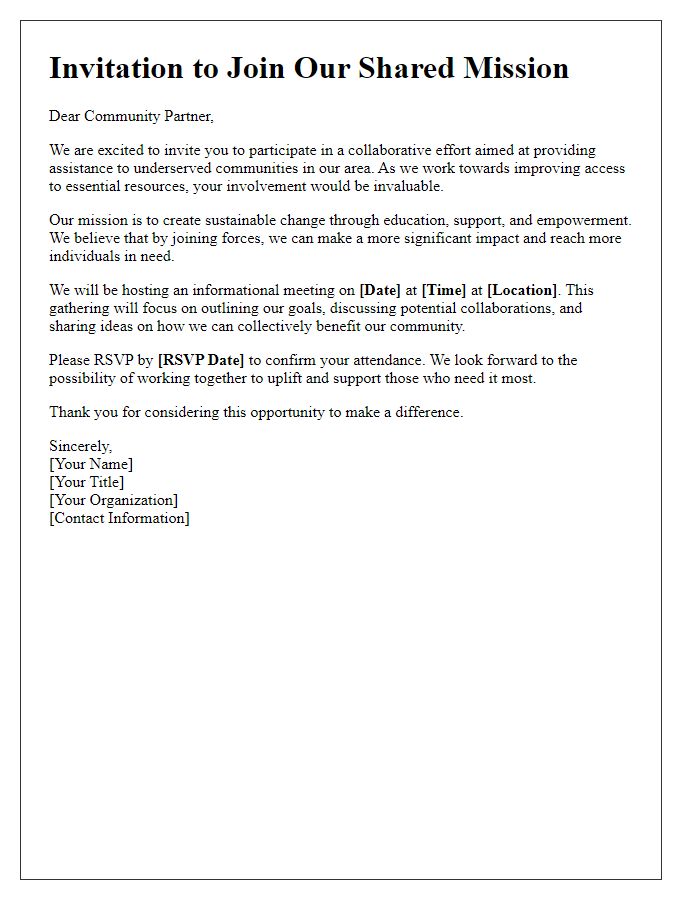 Letter template of shared mission invitation for underserved community assistance.