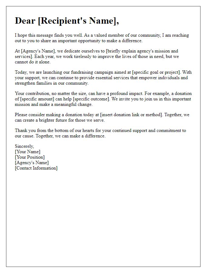 Letter template of heartfelt support for social service agency fundraising appeal