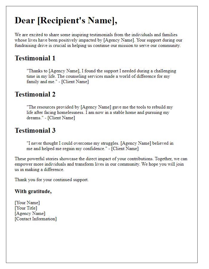 Letter template of inspiring testimonials for social service agency fundraising drive