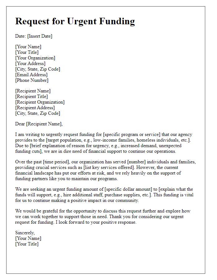 Letter template of urgent need for social service agency funding request