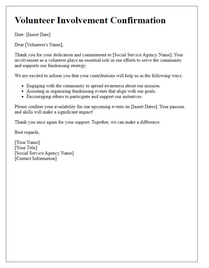 Letter template of volunteer involvement for social service agency fundraising strategy