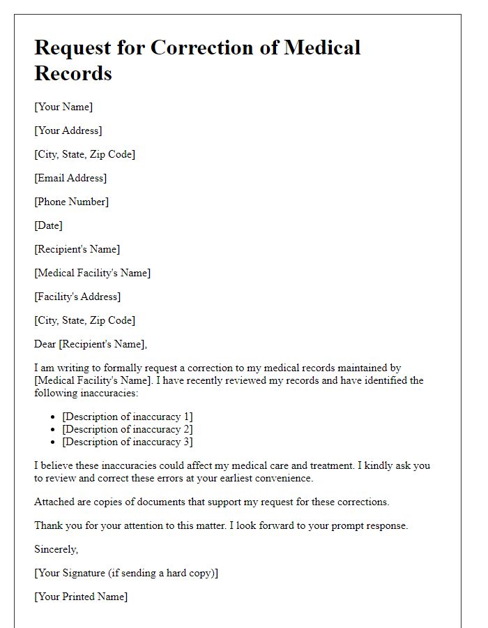 Letter template of request for correction of inaccuracies in medical records.