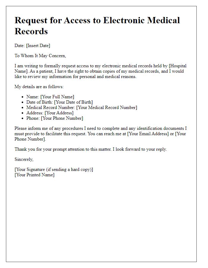 Letter template of request for electronic medical records access from hospital.